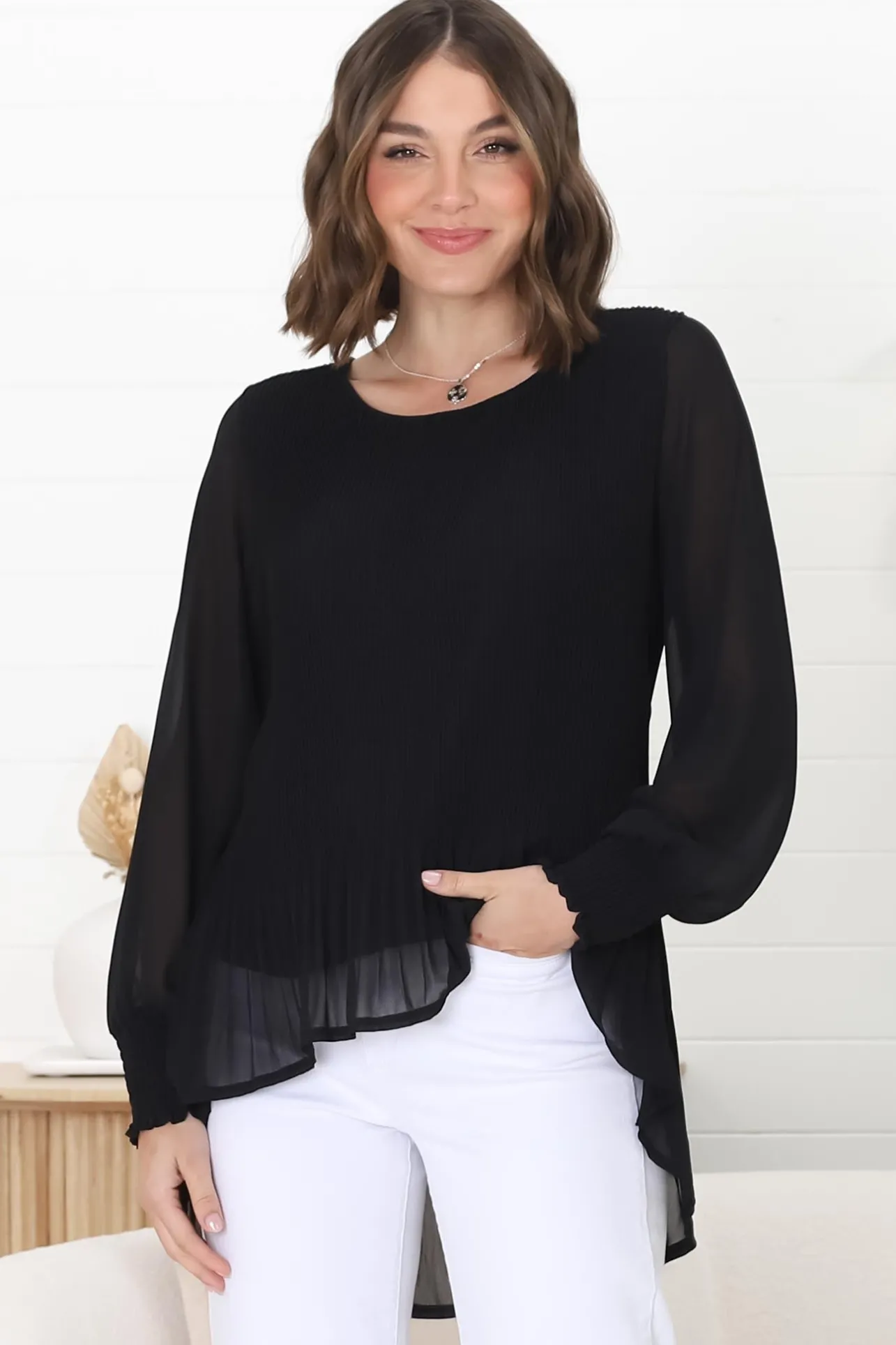Kayt Blouse - Plisse Long Sleeve Top with High-Low Hemline in Black>Salty Crush Sale