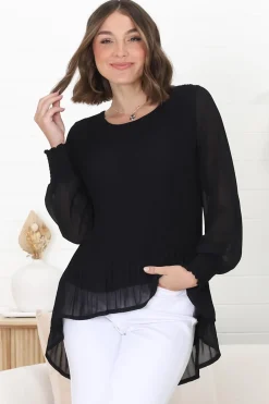 Kayt Blouse - Plisse Long Sleeve Top with High-Low Hemline in Black><noscript><img width=