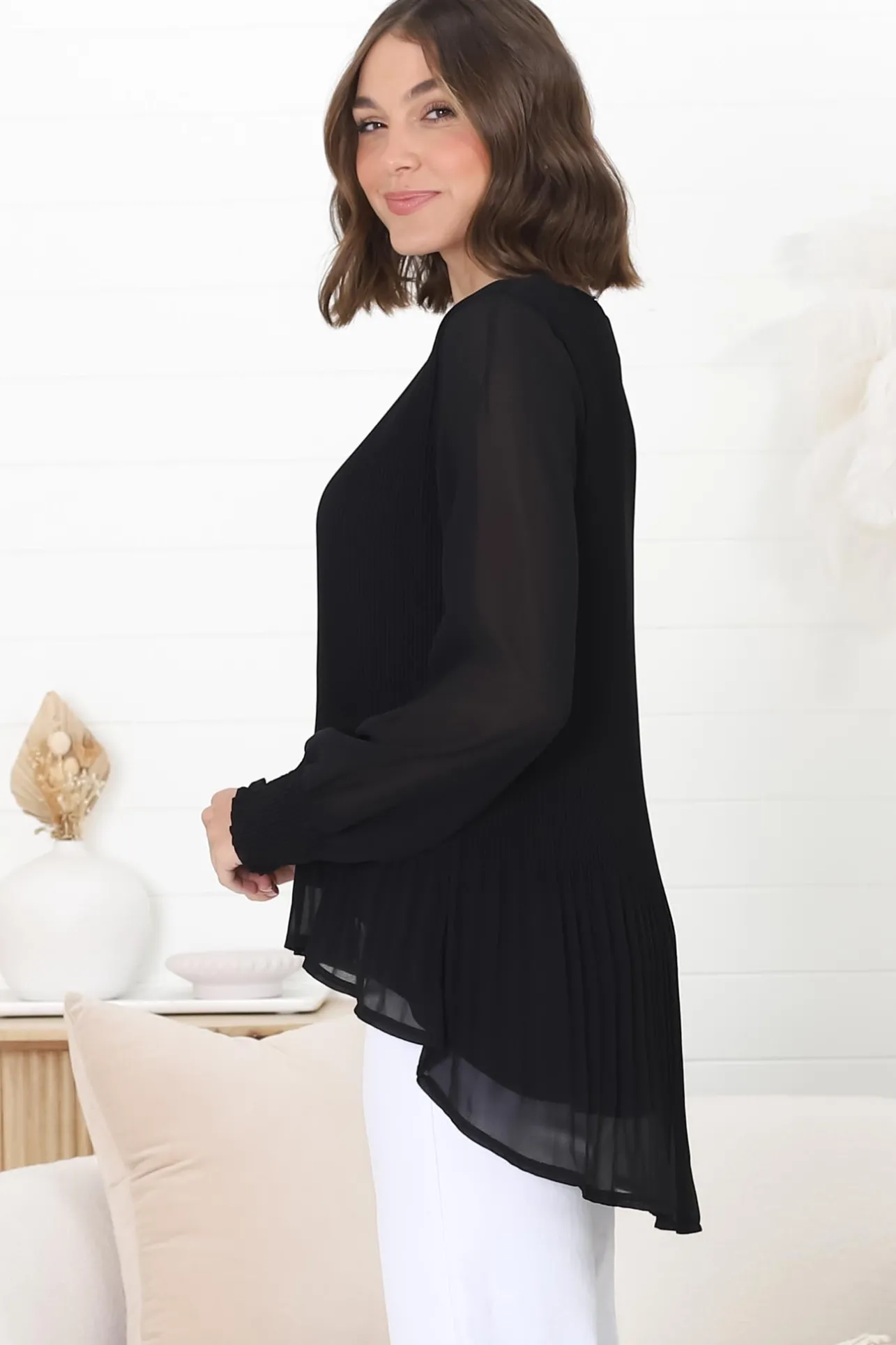 Kayt Blouse - Plisse Long Sleeve Top with High-Low Hemline in Black>Salty Crush Sale