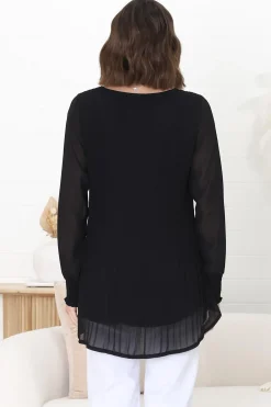 Kayt Blouse - Plisse Long Sleeve Top with High-Low Hemline in Black><noscript><img width=