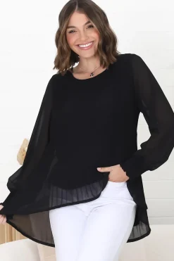 Kayt Blouse - Plisse Long Sleeve Top with High-Low Hemline in Black><noscript><img width=