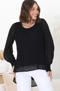 Kayt Blouse - Plisse Long Sleeve Top with High-Low Hemline in Black><noscript><img width=