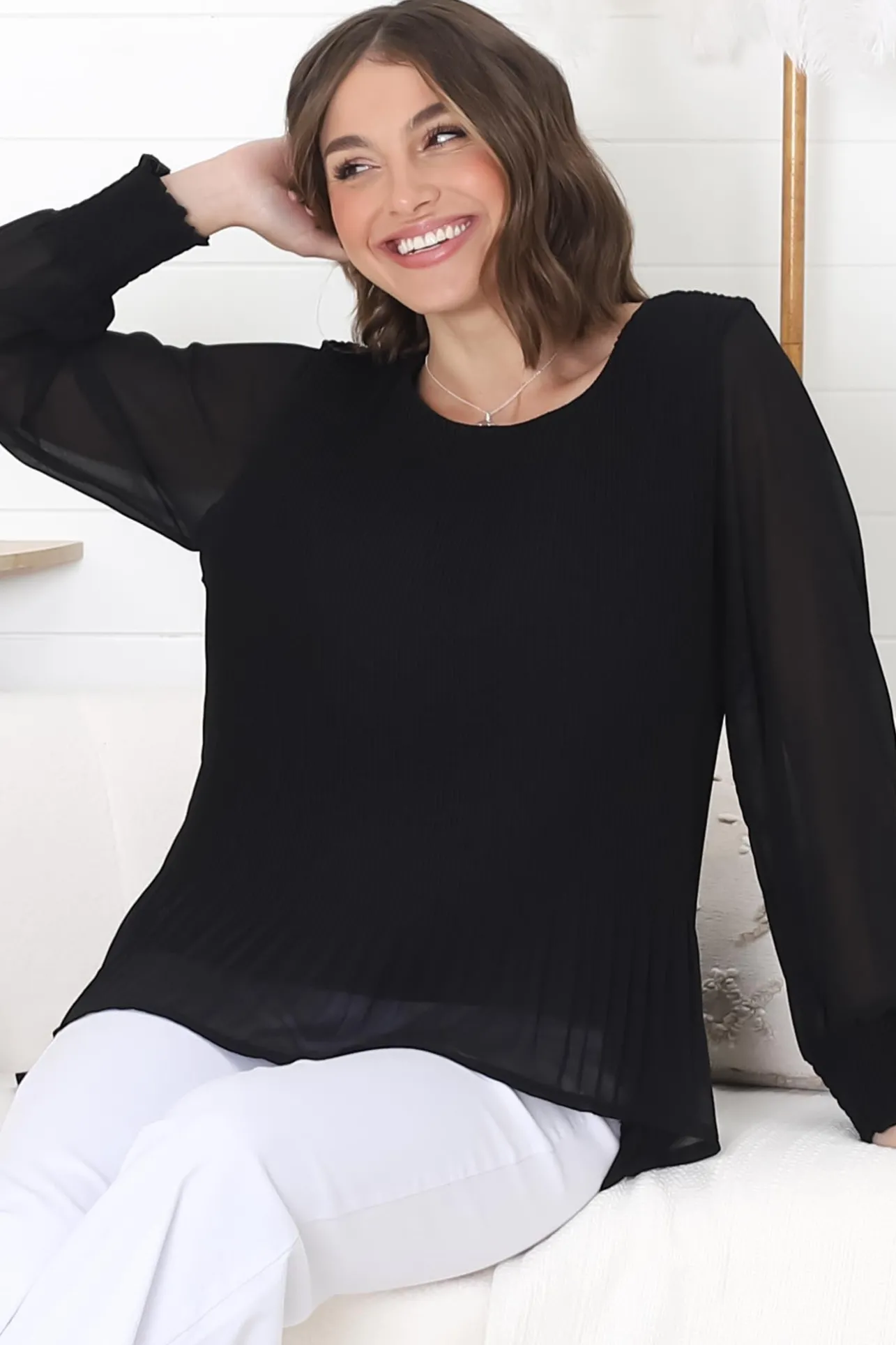 Kayt Blouse - Plisse Long Sleeve Top with High-Low Hemline in Black>Salty Crush Sale