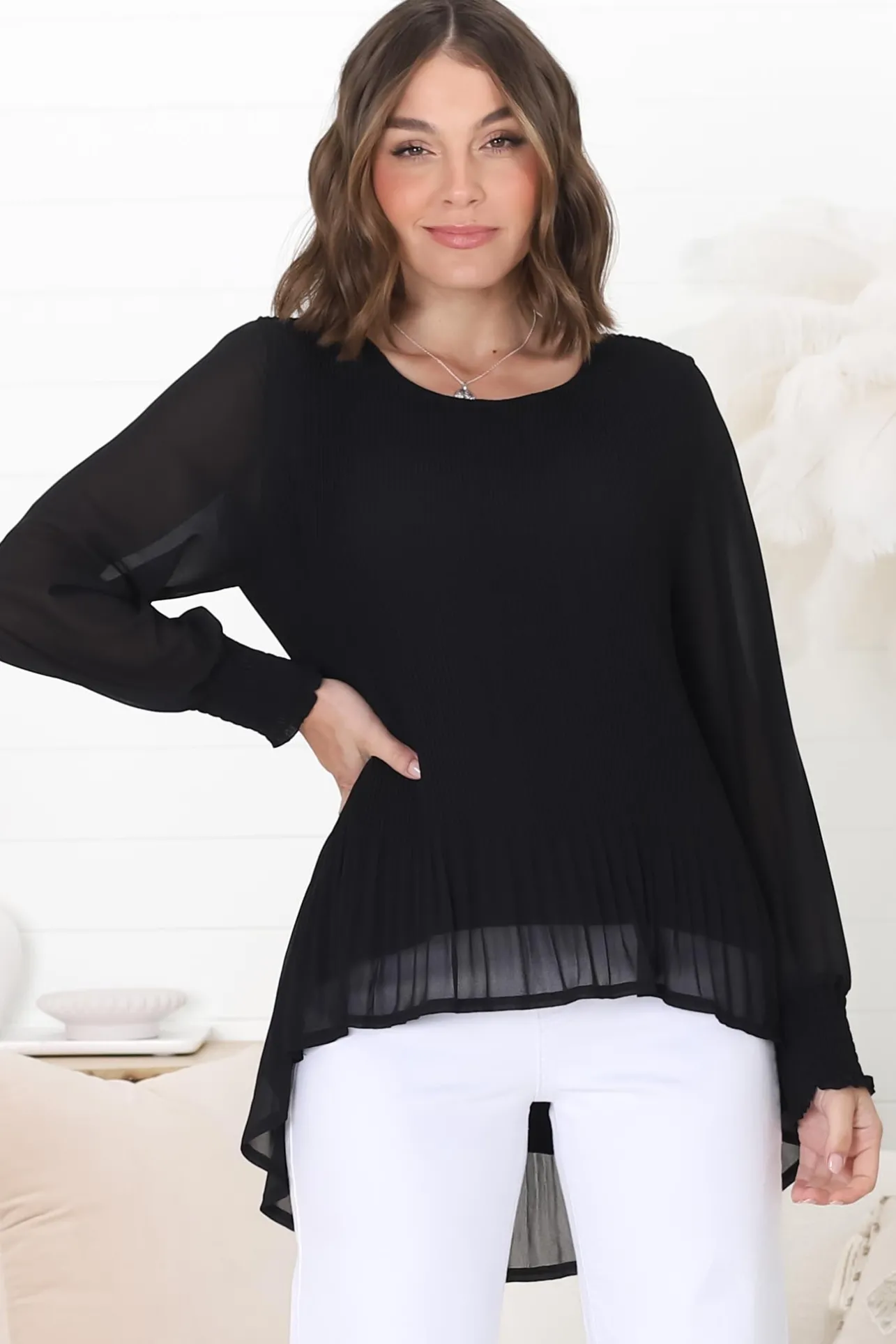 Kayt Blouse - Plisse Long Sleeve Top with High-Low Hemline in Black>Salty Crush Sale