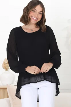 Kayt Blouse - Plisse Long Sleeve Top with High-Low Hemline in Black><noscript><img width=