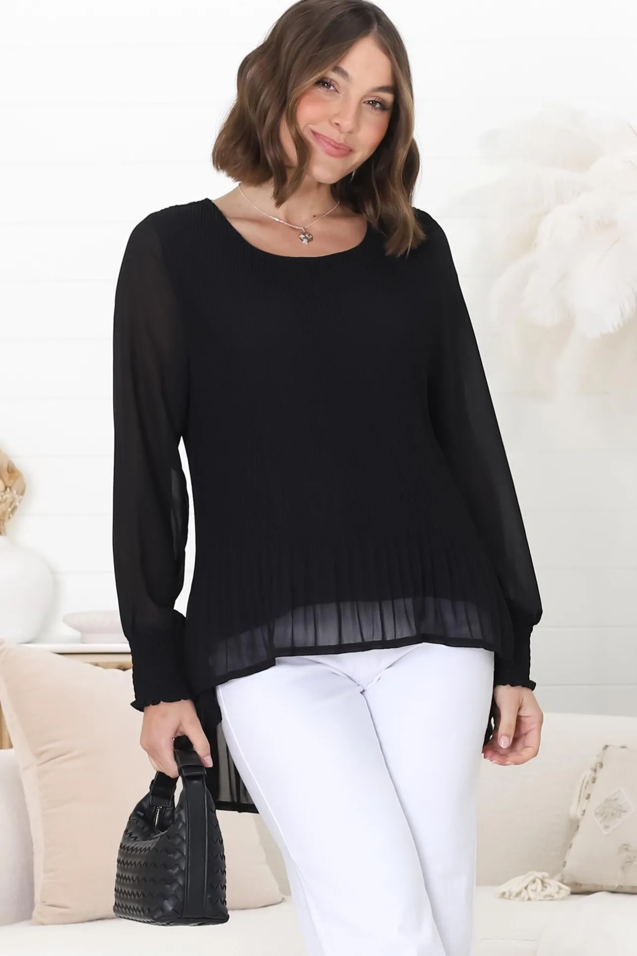 Kayt Blouse - Plisse Long Sleeve Top with High-Low Hemline in Black>Salty Crush Sale