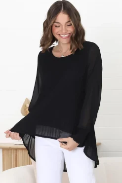Kayt Blouse - Plisse Long Sleeve Top with High-Low Hemline in Black><noscript><img width=