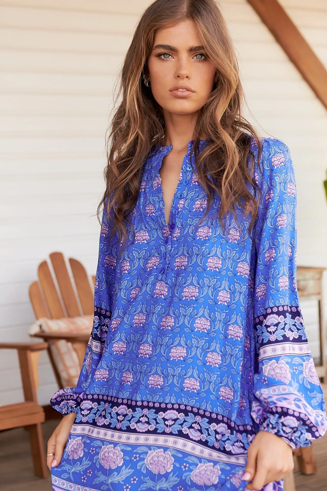 Kensey Maxi Dress - Mandarin Collar Long Sleeve Tiered Dress in Bluey Print>Jaase Sale