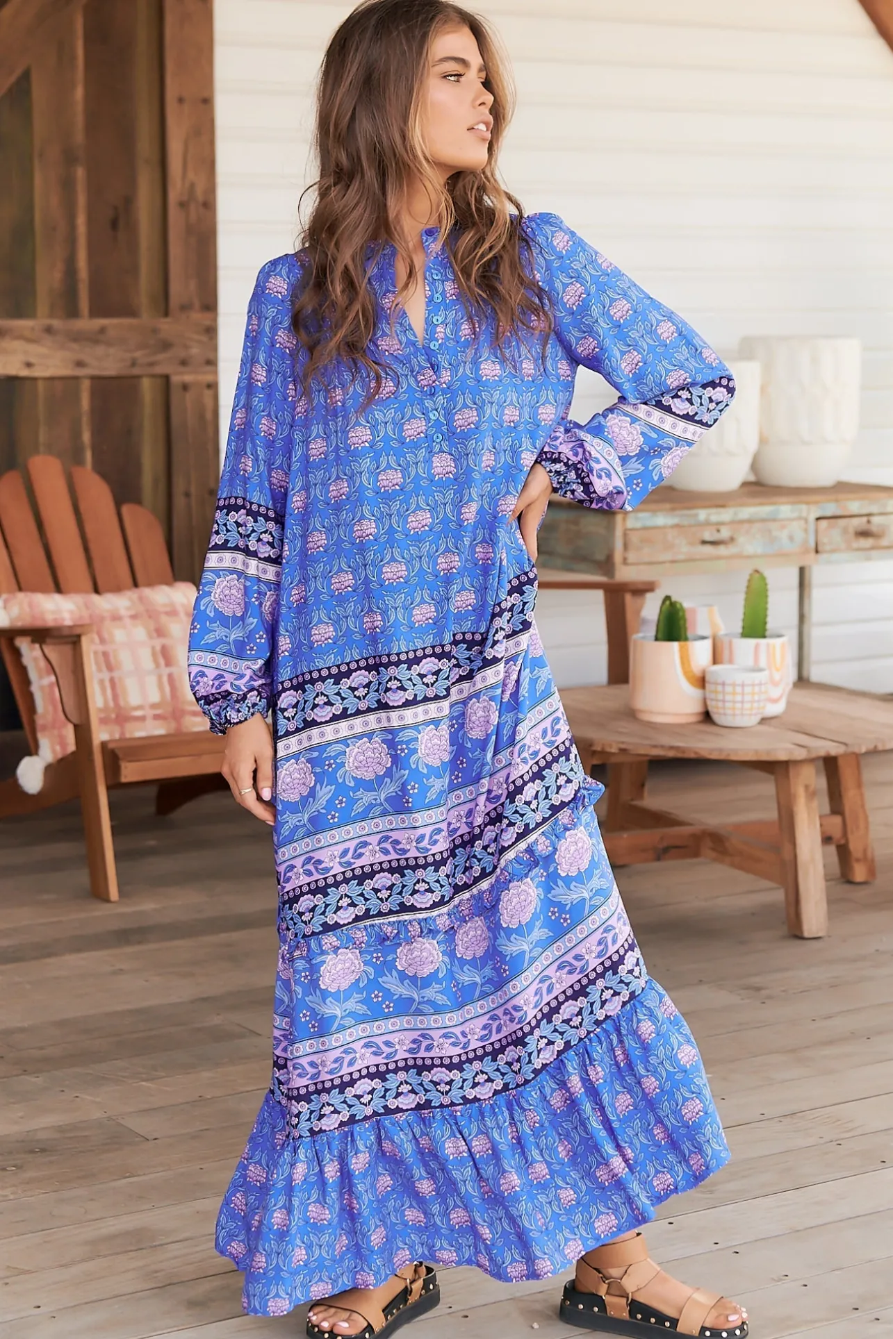 Kensey Maxi Dress - Mandarin Collar Long Sleeve Tiered Dress in Bluey Print>Jaase Sale