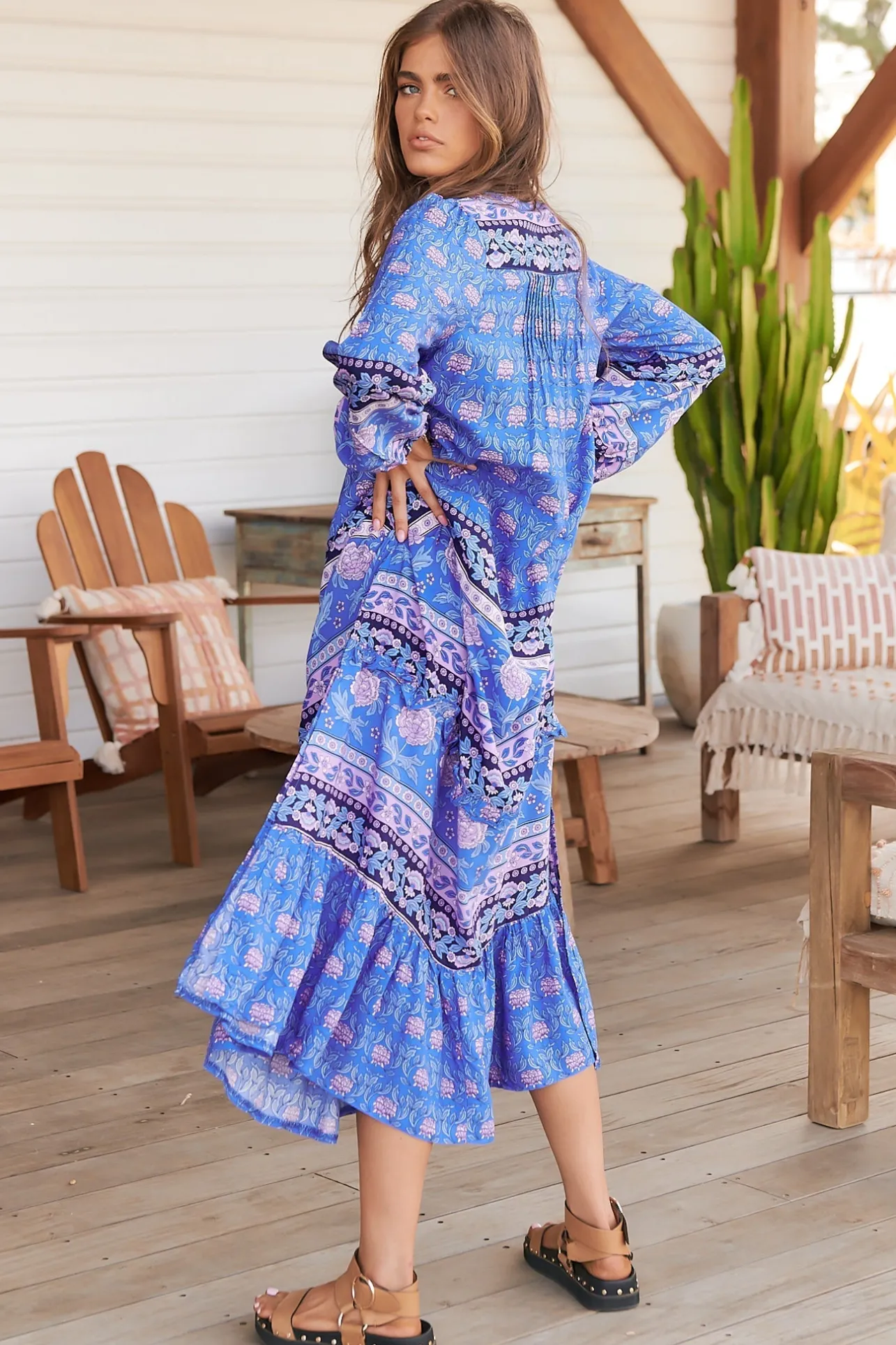 Kensey Maxi Dress - Mandarin Collar Long Sleeve Tiered Dress in Bluey Print>Jaase Sale