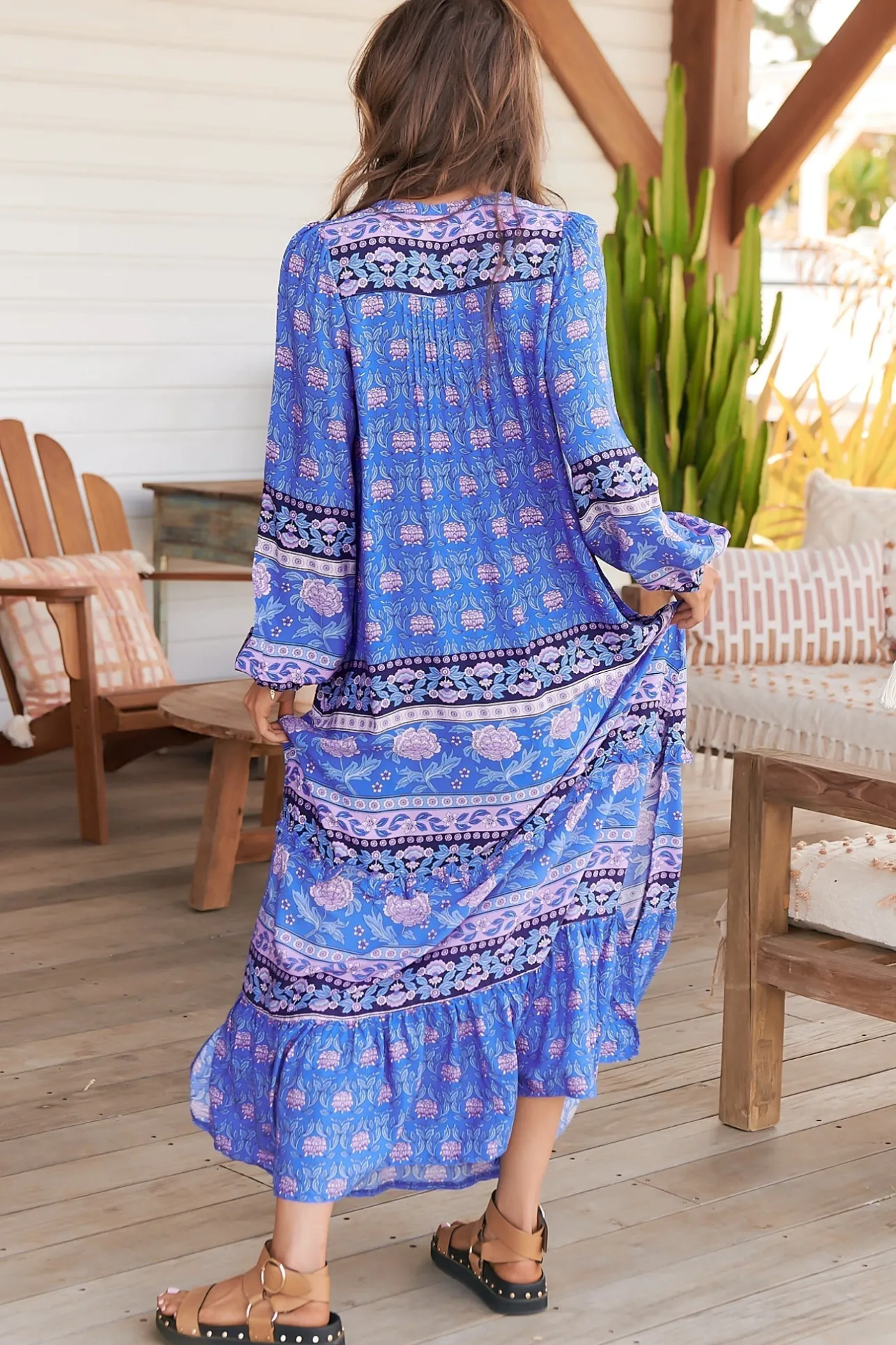 Kensey Maxi Dress - Mandarin Collar Long Sleeve Tiered Dress in Bluey Print>Jaase Sale