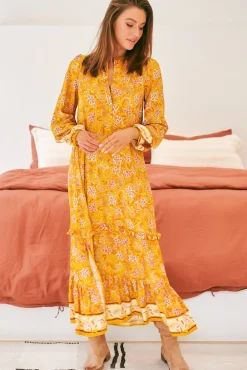 Kensey Maxi Dress - Mandarin Collar Long Sleeve Tiered Dress in Willow Print>Jaase