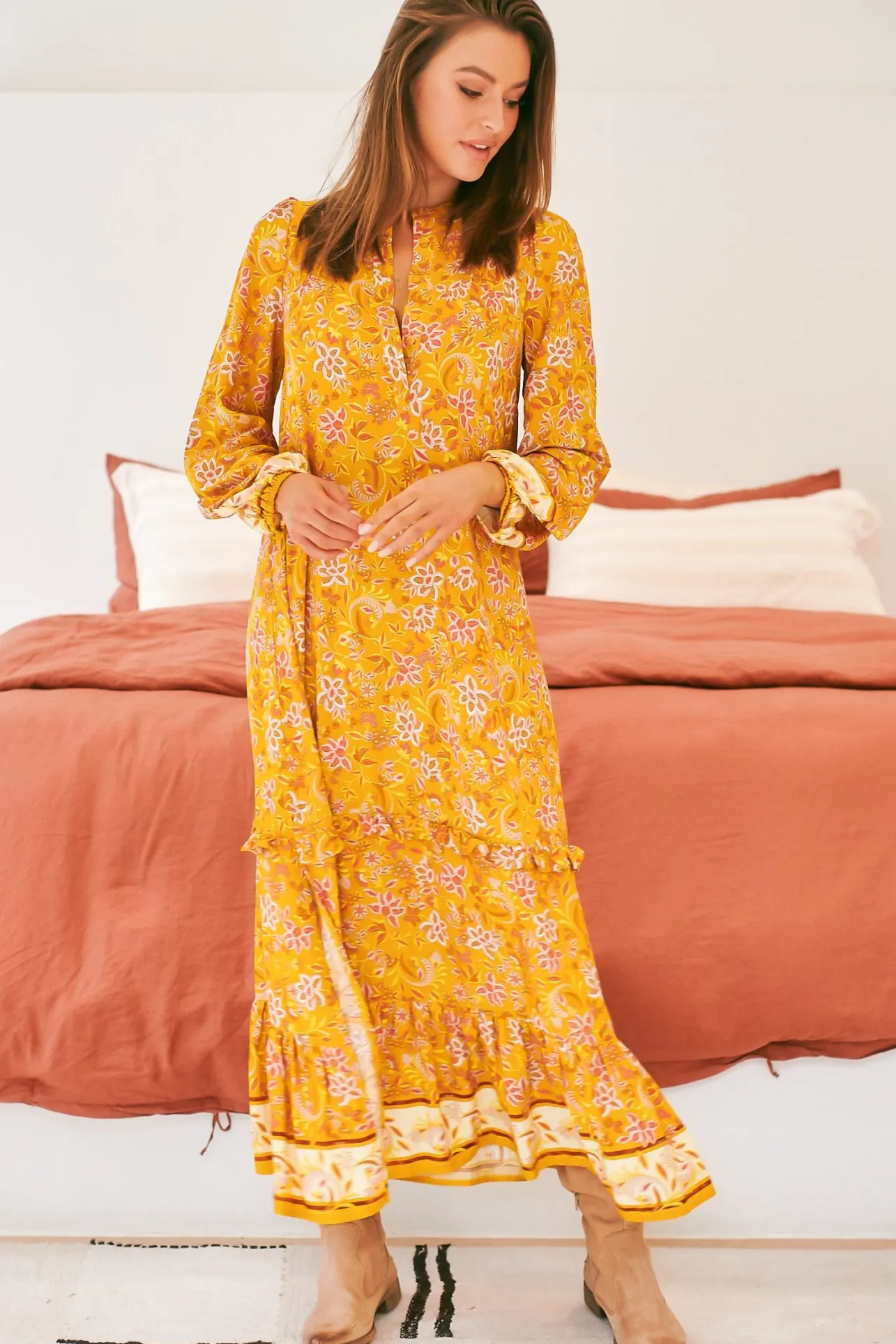 Kensey Maxi Dress - Mandarin Collar Long Sleeve Tiered Dress in Willow Print>Jaase