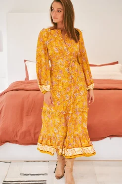 Kensey Maxi Dress - Mandarin Collar Long Sleeve Tiered Dress in Willow Print><noscript><img width=