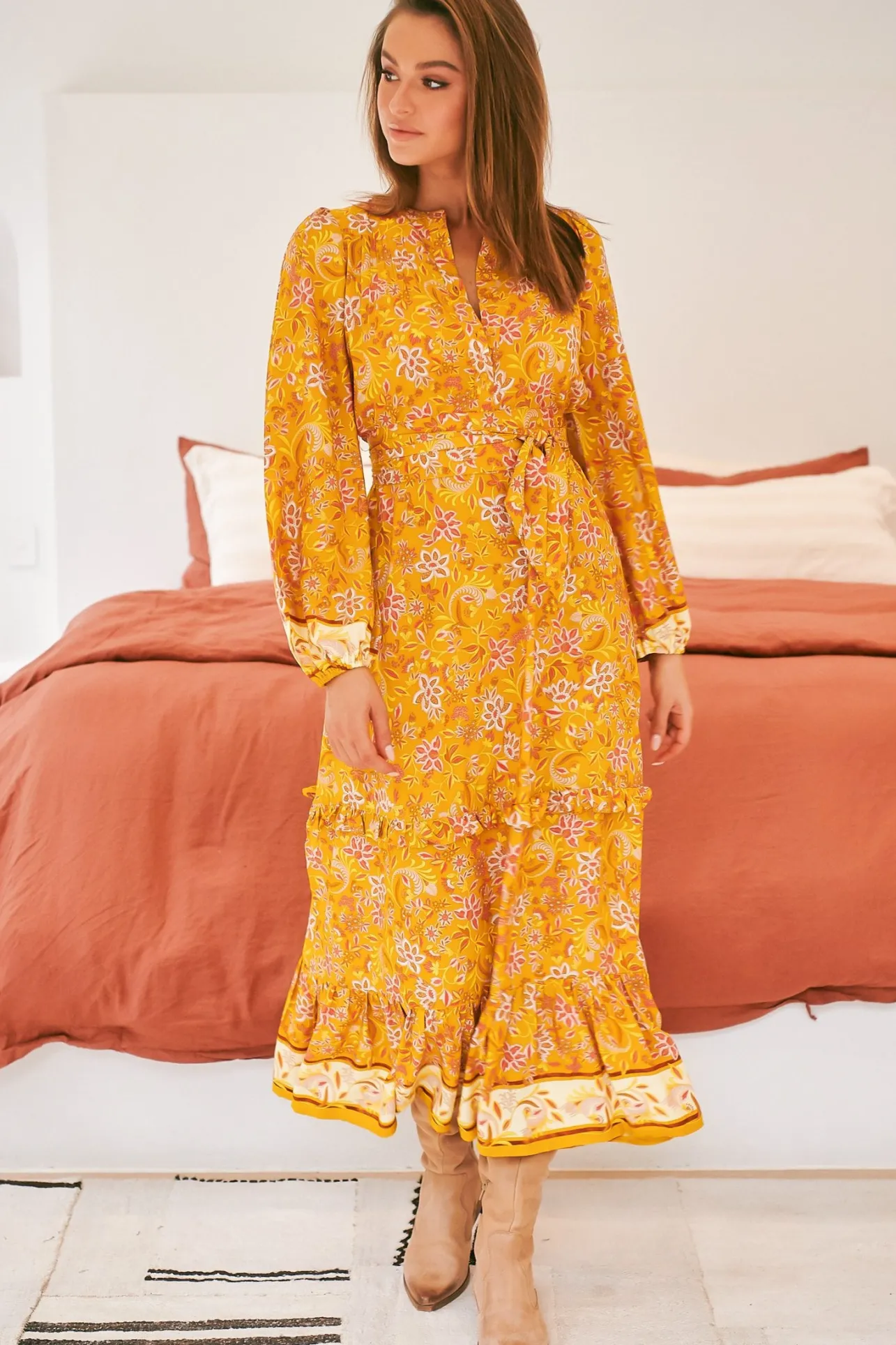 Kensey Maxi Dress - Mandarin Collar Long Sleeve Tiered Dress in Willow Print>Jaase
