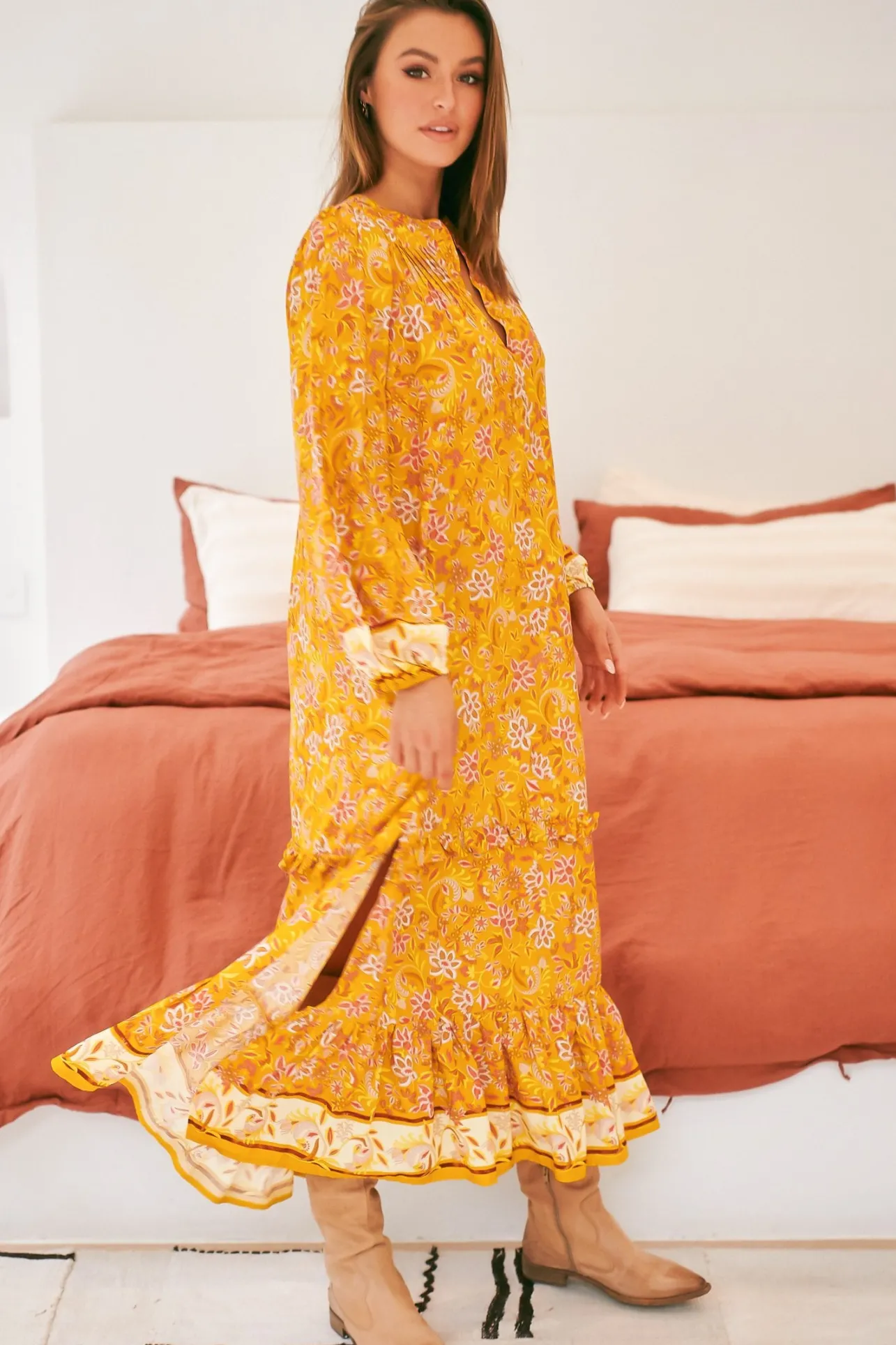 Kensey Maxi Dress - Mandarin Collar Long Sleeve Tiered Dress in Willow Print>Jaase
