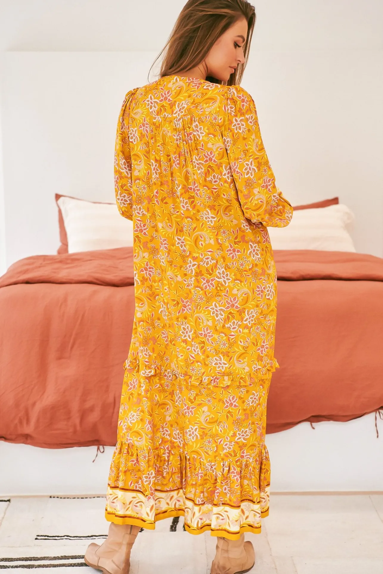 Kensey Maxi Dress - Mandarin Collar Long Sleeve Tiered Dress in Willow Print>Jaase
