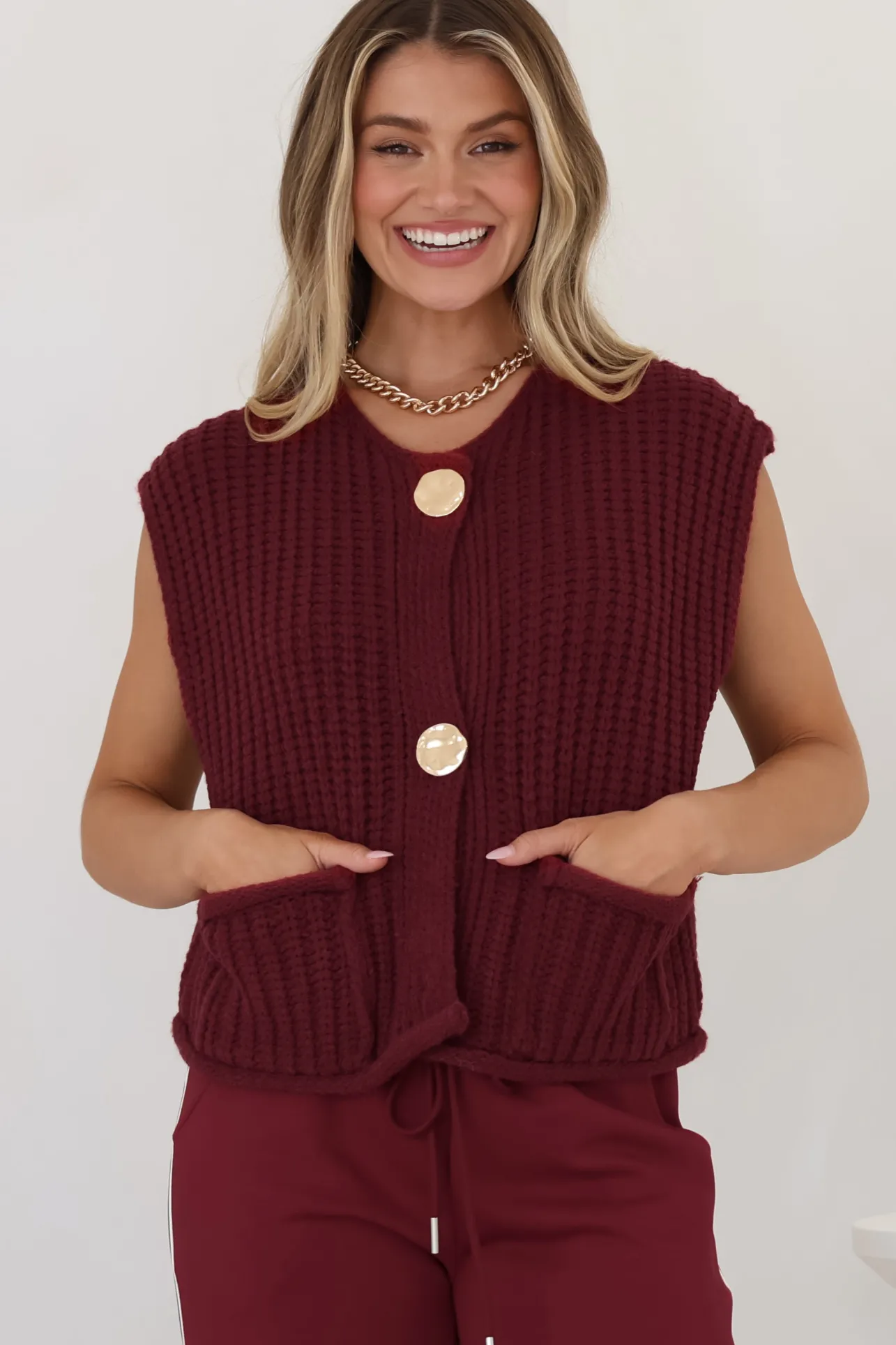 Khloe Knit Top - Sleeveless Large Gold Abstract Button Front Knit in Wine>Salty Crush Sale