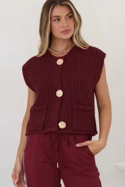 Khloe Knit Top - Sleeveless Large Gold Abstract Button Front Knit in Wine><noscript><img width=