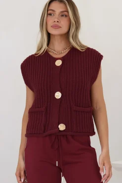 Khloe Knit Top - Sleeveless Large Gold Abstract Button Front Knit in Wine><noscript><img width=