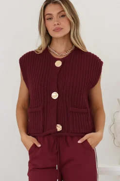 Khloe Knit Top - Sleeveless Large Gold Abstract Button Front Knit in Wine><noscript><img width=