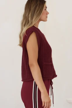 Khloe Knit Top - Sleeveless Large Gold Abstract Button Front Knit in Wine><noscript><img width=