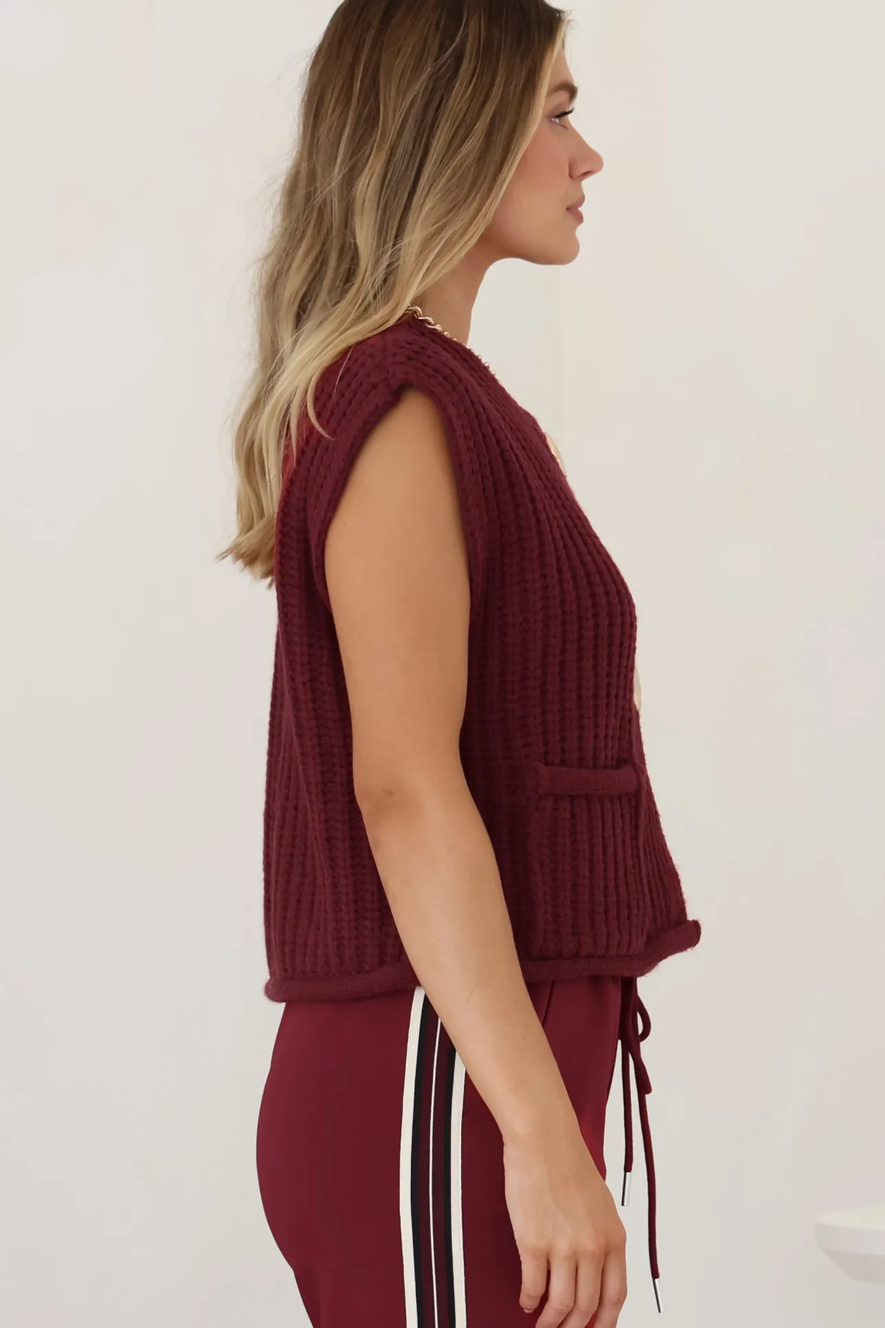 Khloe Knit Top - Sleeveless Large Gold Abstract Button Front Knit in Wine>Salty Crush Sale