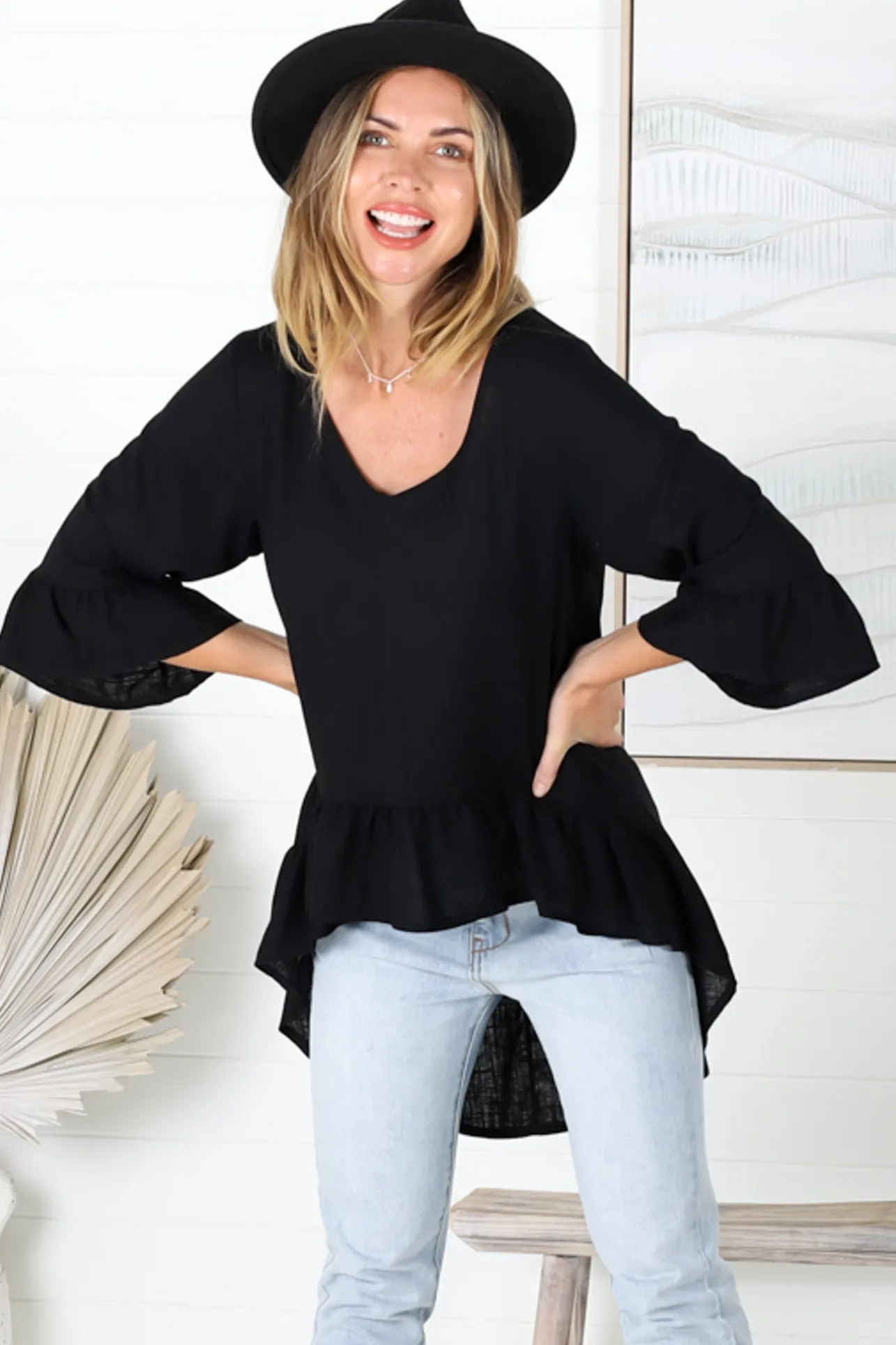 Kiany Top - Floaty Smock with Ruffle High Low Hemline in Black>Salty Crush Online