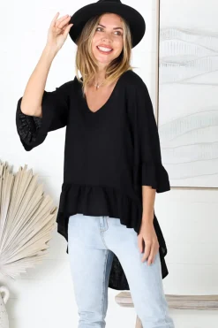 Kiany Top - Floaty Smock with Ruffle High Low Hemline in Black><noscript><img width=