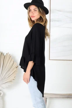 Kiany Top - Floaty Smock with Ruffle High Low Hemline in Black><noscript><img width=