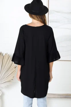 Kiany Top - Floaty Smock with Ruffle High Low Hemline in Black><noscript><img width=