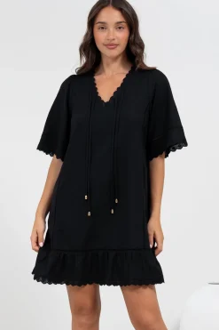 Kiki Mini Dress - V-Neck Shift Dress with Scallop Lace Hemlines in Black><noscript><img width=
