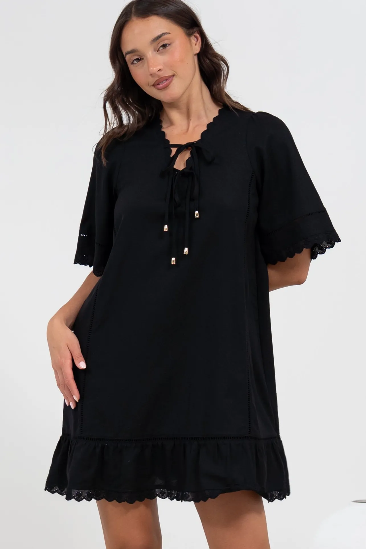 Kiki Mini Dress - V-Neck Shift Dress with Scallop Lace Hemlines in Black>Salty Crush