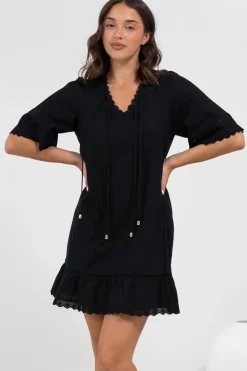 Kiki Mini Dress - V-Neck Shift Dress with Scallop Lace Hemlines in Black><noscript><img width=