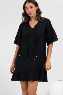 Kiki Mini Dress - V-Neck Shift Dress with Scallop Lace Hemlines in Black><noscript><img width=