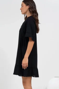 Kiki Mini Dress - V-Neck Shift Dress with Scallop Lace Hemlines in Black><noscript><img width=