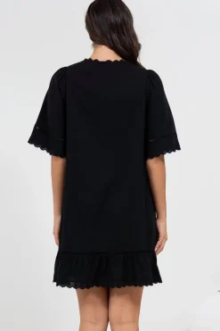 Kiki Mini Dress - V-Neck Shift Dress with Scallop Lace Hemlines in Black><noscript><img width=