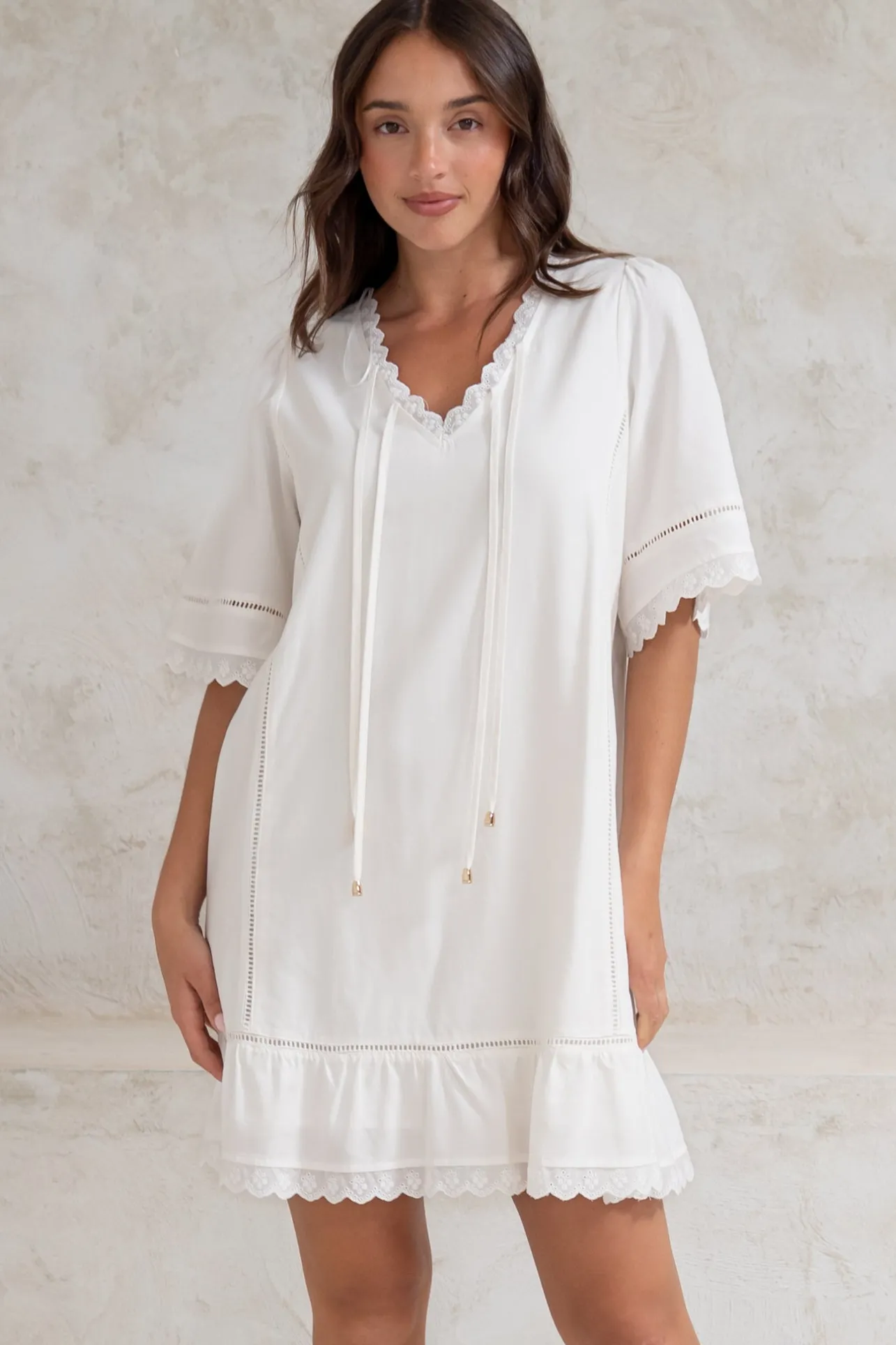 Kiki Mini Dress - V-Neck Shift Dress with Scallop Lace Hemlines in White>Salty Crush Outlet