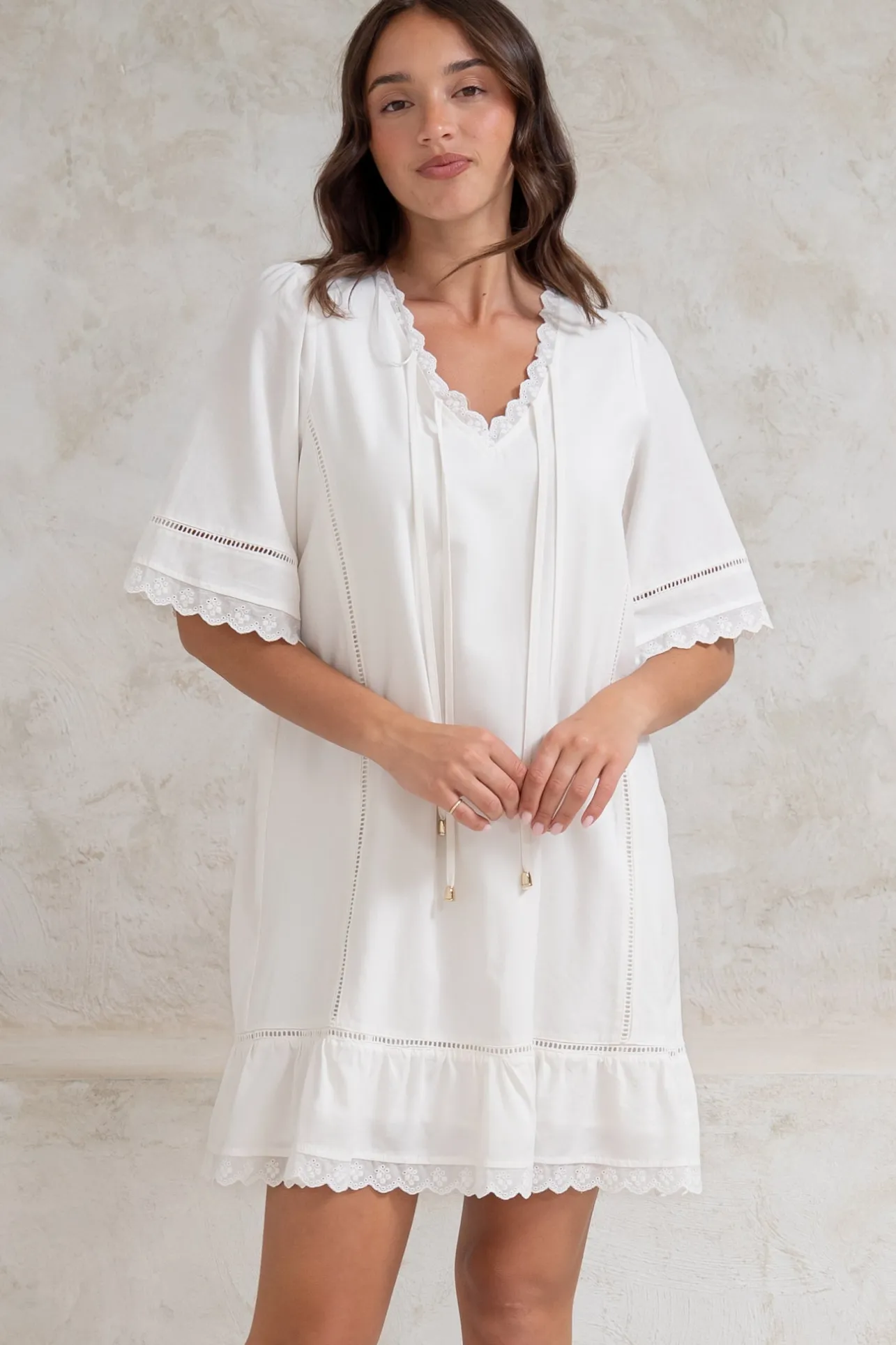 Kiki Mini Dress - V-Neck Shift Dress with Scallop Lace Hemlines in White>Salty Crush Outlet