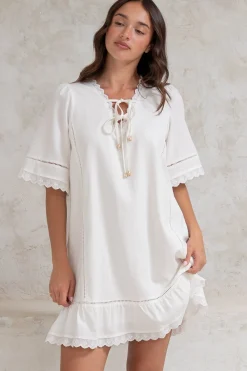 Kiki Mini Dress - V-Neck Shift Dress with Scallop Lace Hemlines in White><noscript><img width=
