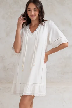 Kiki Mini Dress - V-Neck Shift Dress with Scallop Lace Hemlines in White><noscript><img width=