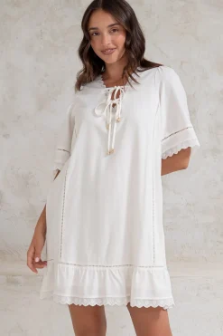 Kiki Mini Dress - V-Neck Shift Dress with Scallop Lace Hemlines in White><noscript><img width=