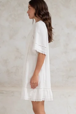Kiki Mini Dress - V-Neck Shift Dress with Scallop Lace Hemlines in White><noscript><img width=