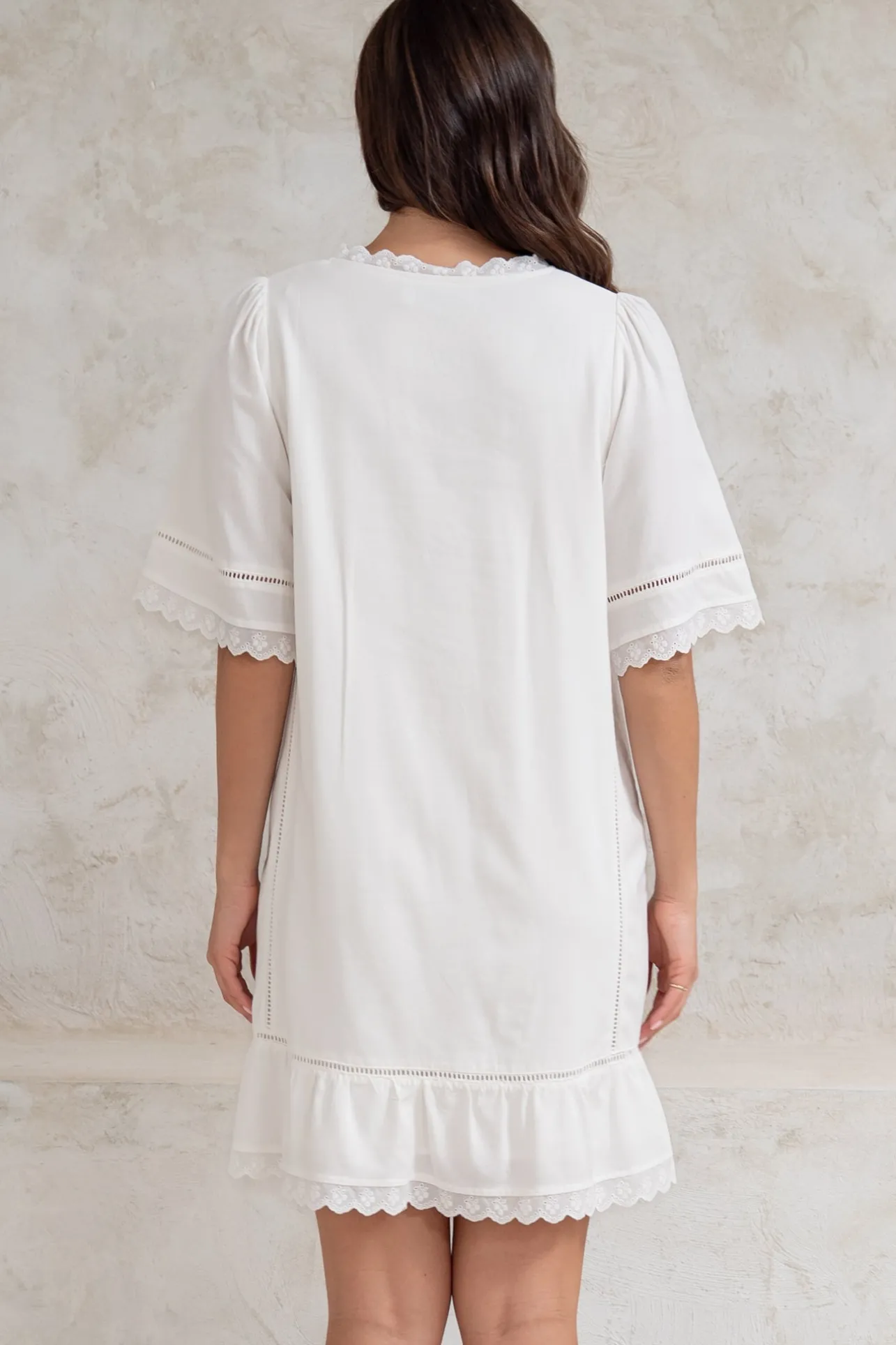 Kiki Mini Dress - V-Neck Shift Dress with Scallop Lace Hemlines in White>Salty Crush Outlet