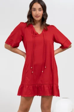 Kiki Mini Dress - V-Neck Shift Dress with Scallop Lace Hemlines in Red>Salty Crush Online
