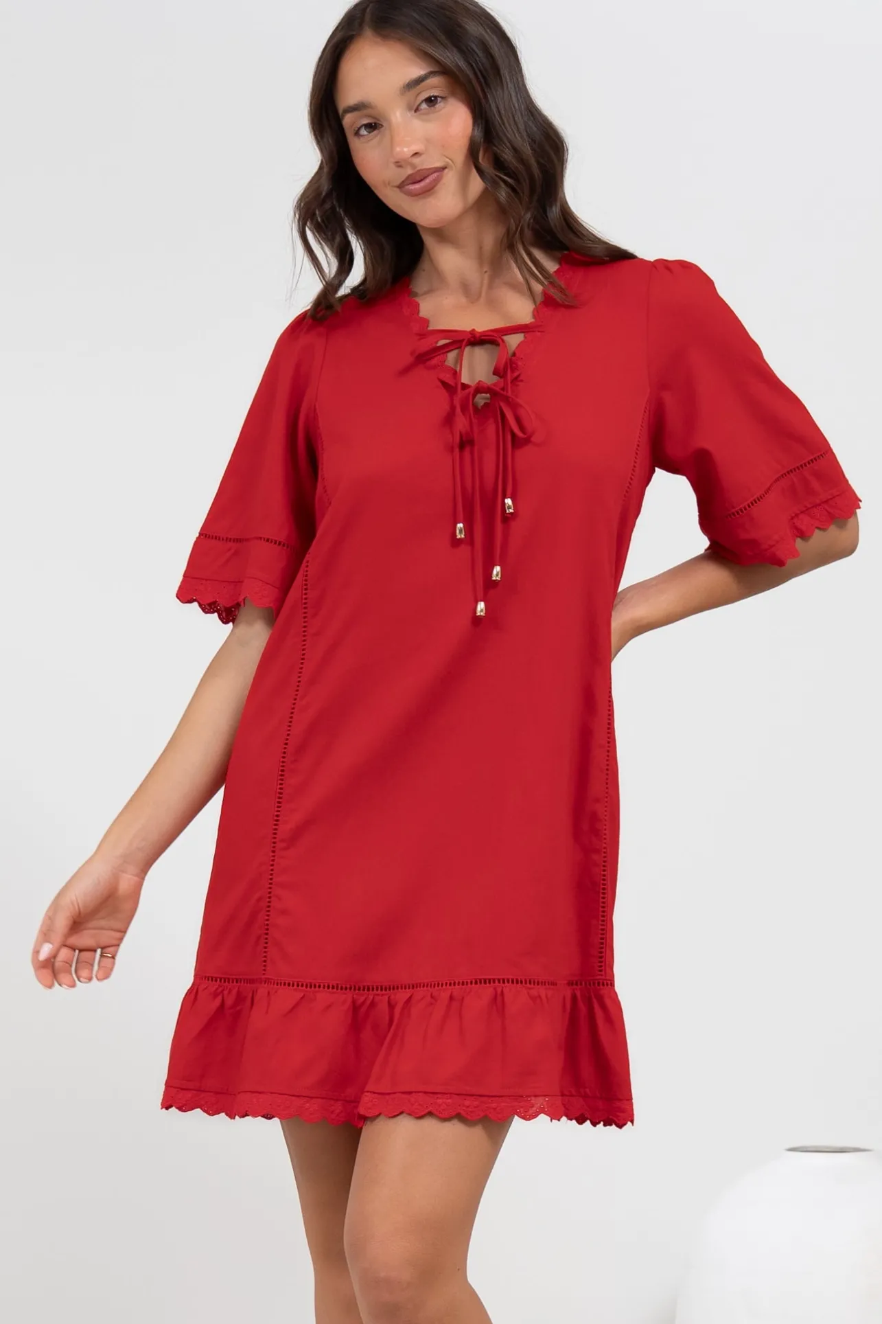 Kiki Mini Dress - V-Neck Shift Dress with Scallop Lace Hemlines in Red>Salty Crush Online