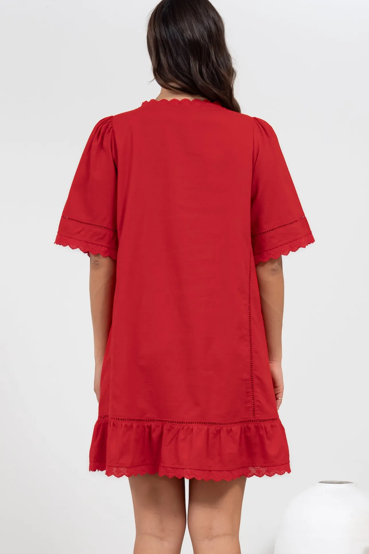 Kiki Mini Dress - V-Neck Shift Dress with Scallop Lace Hemlines in Red>Salty Crush Online