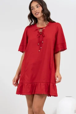 Kiki Mini Dress - V-Neck Shift Dress with Scallop Lace Hemlines in Red><noscript><img width=