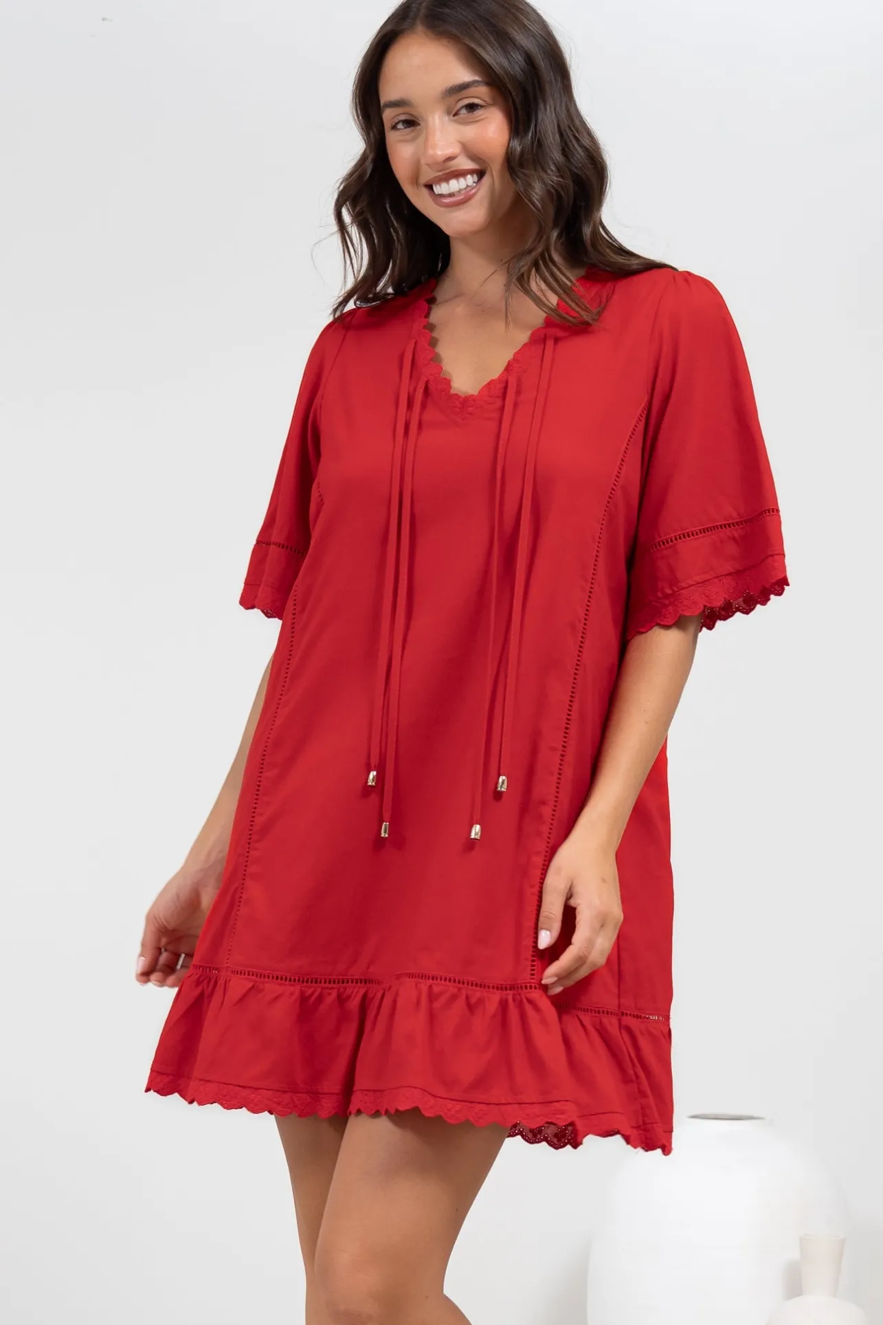 Kiki Mini Dress - V-Neck Shift Dress with Scallop Lace Hemlines in Red>Salty Crush Online