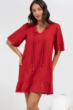 Kiki Mini Dress - V-Neck Shift Dress with Scallop Lace Hemlines in Red><noscript><img width=